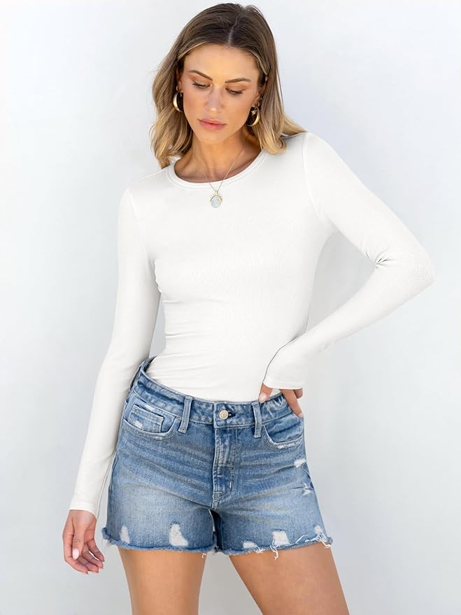Women Long Sleeve Shirts Rib Knit Slim Fit Top